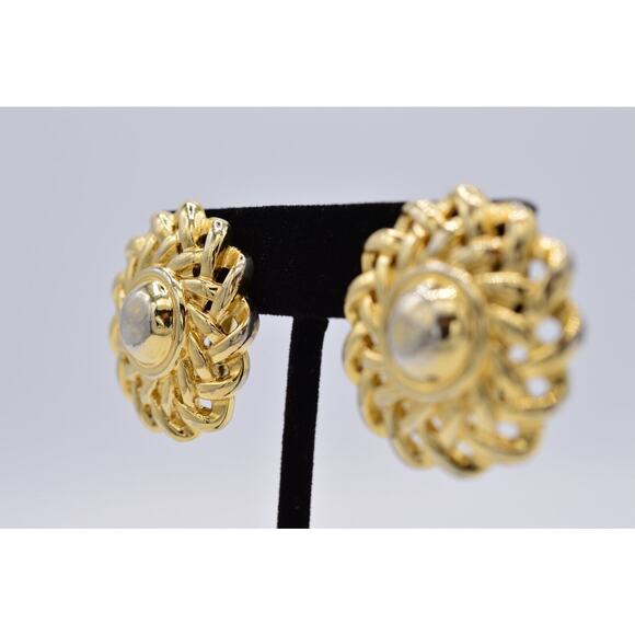 Givenchy Vintage Clip On Earrings Chunky Gold Flower Weaved Signed Runway BinAG - Picture 3 of 12